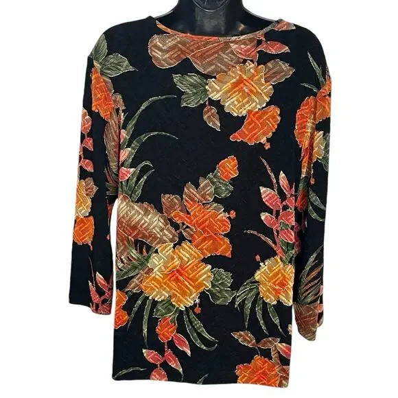 VINTAGE 90s Y2K CHICOS DESIGN BLACK KNIT TOP SHIRT COLORFUL FLORAL BOHO SIZE 1 M - Picture 4 of 6